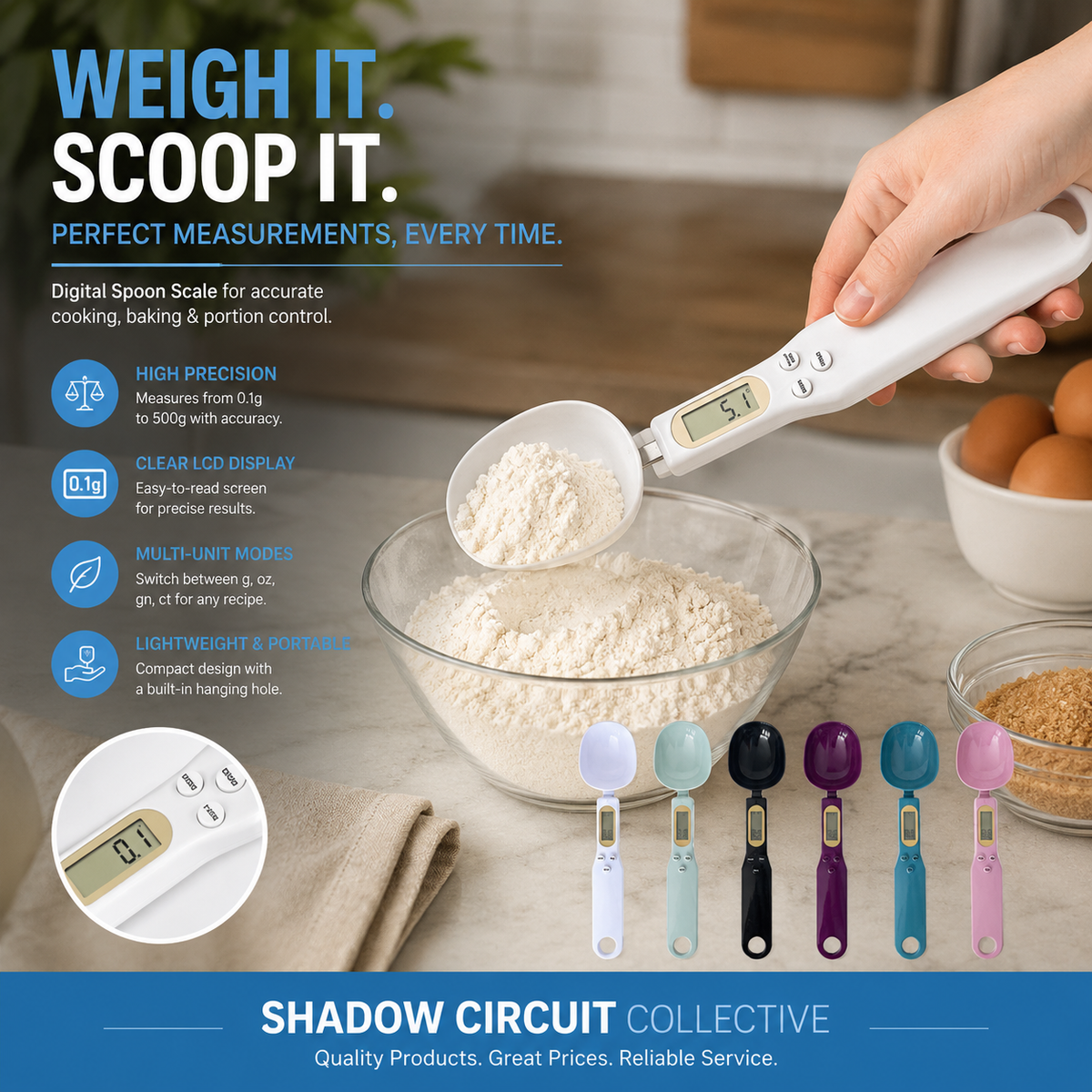 Measure Every Ingredient with Confidence | Digital Spoon Scale for Coffee, Baking, Meal Prep & Pet Food (0.1g Precision LCD Kitchen Scale)