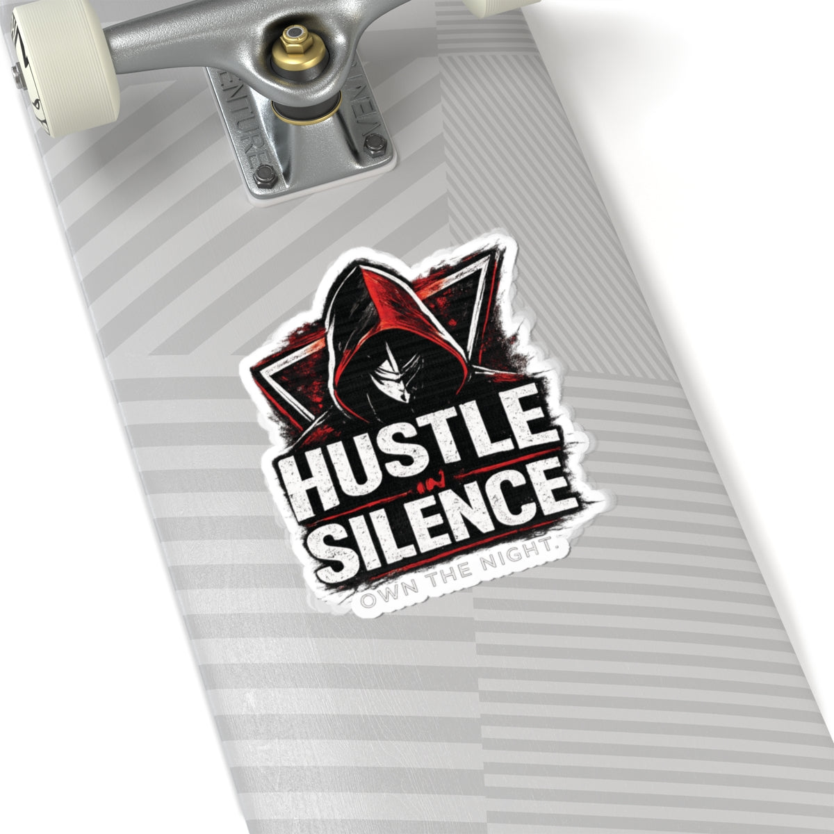 Hustle in Silence sticker Kiss-cut vinyl decal, hooded figure, gritty typography