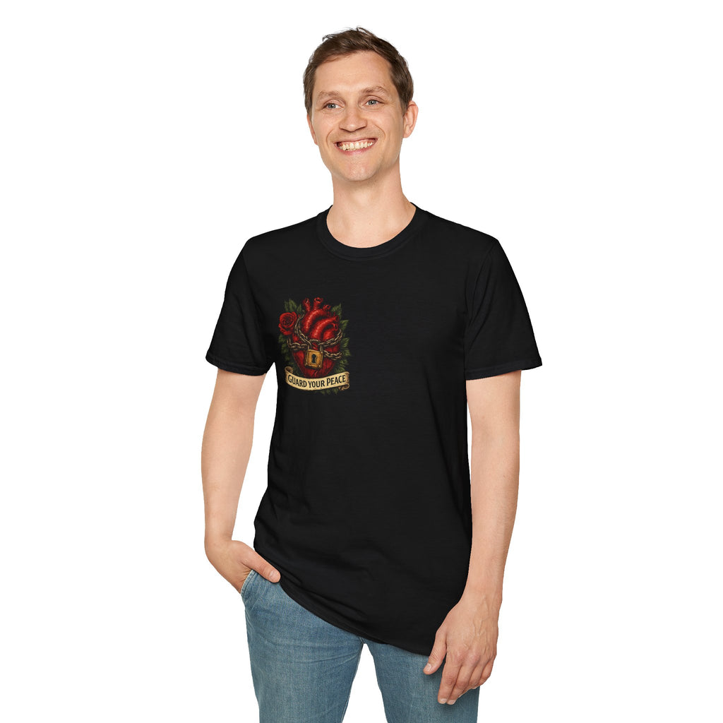 Guard Your Peace Heart graphic T-Shirt | anatomical heart, rose, lock