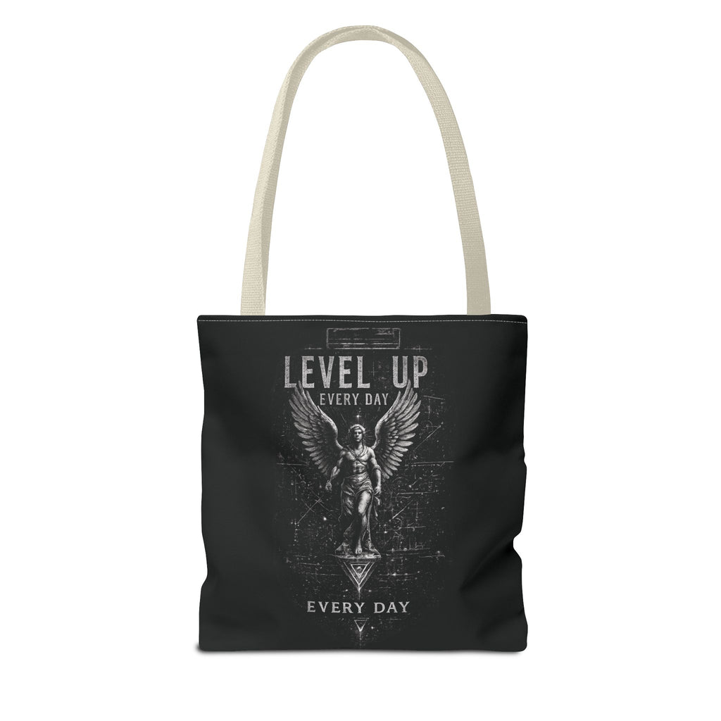 Level Up Every Day Angel Statue Tote Bag — Motivational Graphic Tote for Gamers & Fitness Fans