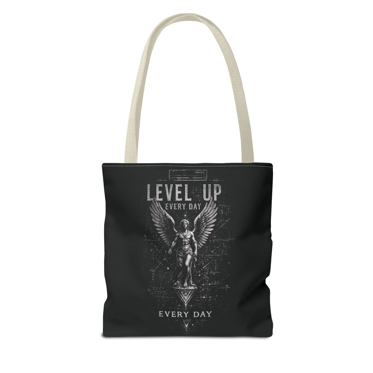 Level Up Every Day Angel Statue Tote Bag — Motivational Graphic Tote for Gamers & Fitness Fans