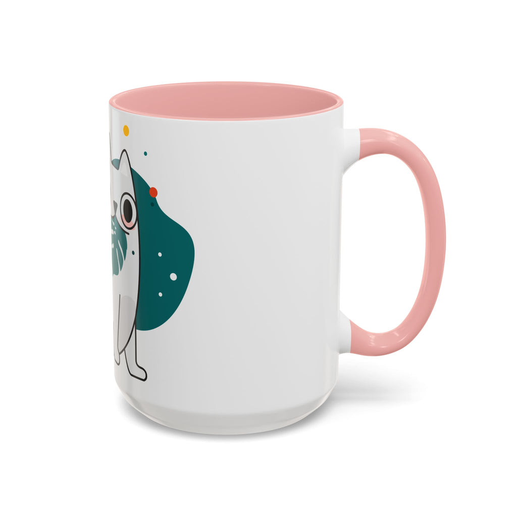Cute Cat Coffee Mug  Playful White Cat with Tropical Leaf Accent 11oz 15oz
