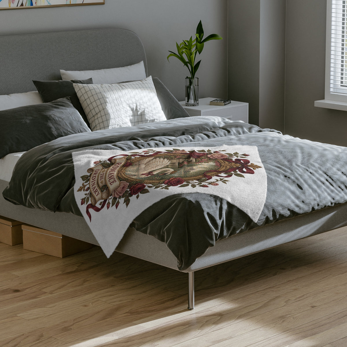 Romance the Ordinary Velveteen Microfiber Blanket | Swan Rose Victorian Illustration