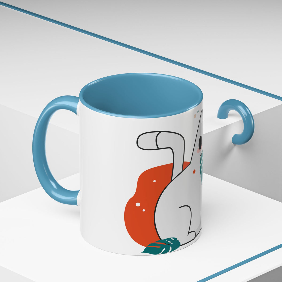 Cute Cat Coffee Mug  Playful White Cat with Tropical Leaf Accent 11oz 15oz