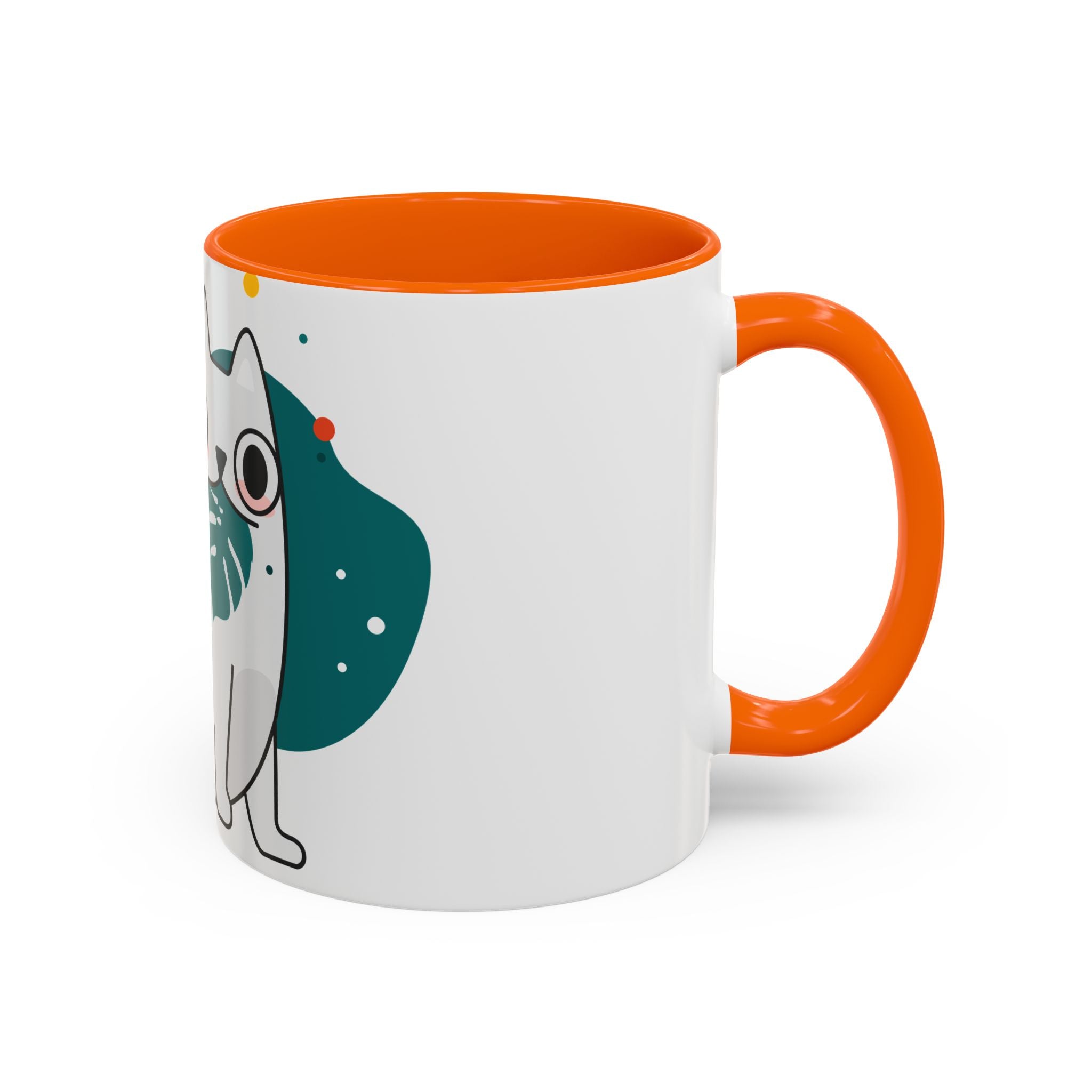 Cute Cat Coffee Mug  Playful White Cat with Tropical Leaf Accent 11oz 15oz