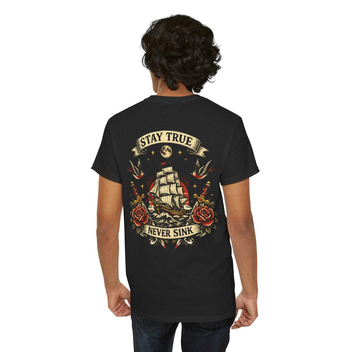 Stay True Never Sink T-Shirt — Vintage Sailboat Tattoo Graphic Tee