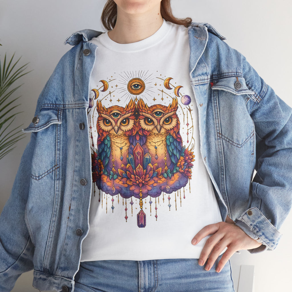 Mystical Triple Owl Illustration Tee Boho Moon Mystical Owl Shirt Boho Owl Graphic Tee Celestial Nature Shirt Spiritual Animal T Shirt
