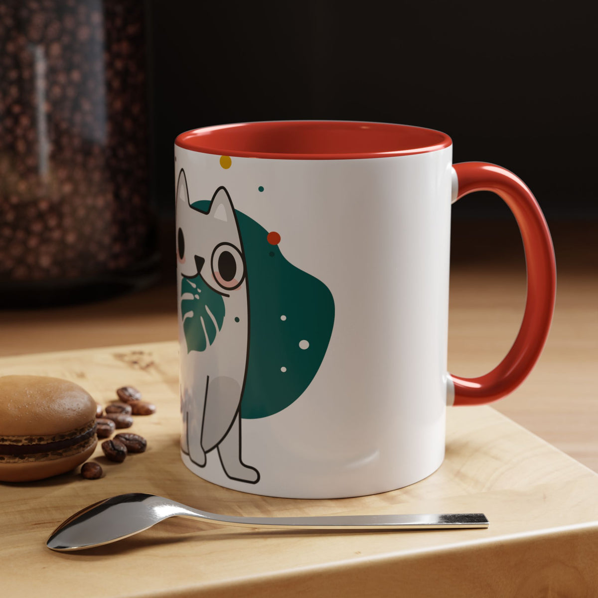 Cute Cat Coffee Mug  Playful White Cat with Tropical Leaf Accent 11oz 15oz