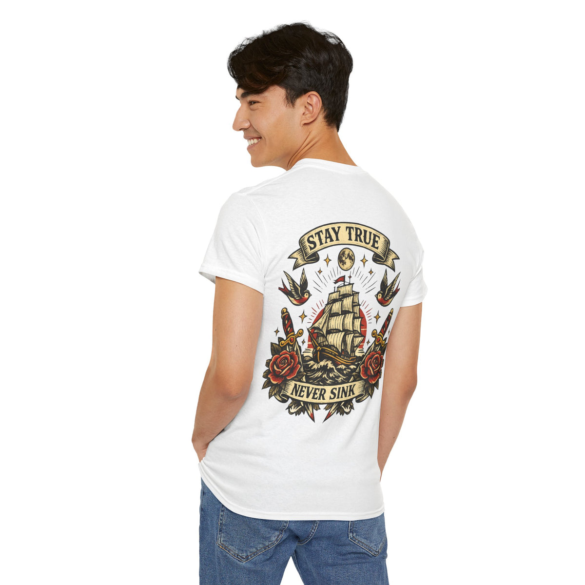 Stay True Never Sink T-Shirt — Vintage Sailboat Tattoo Graphic Tee