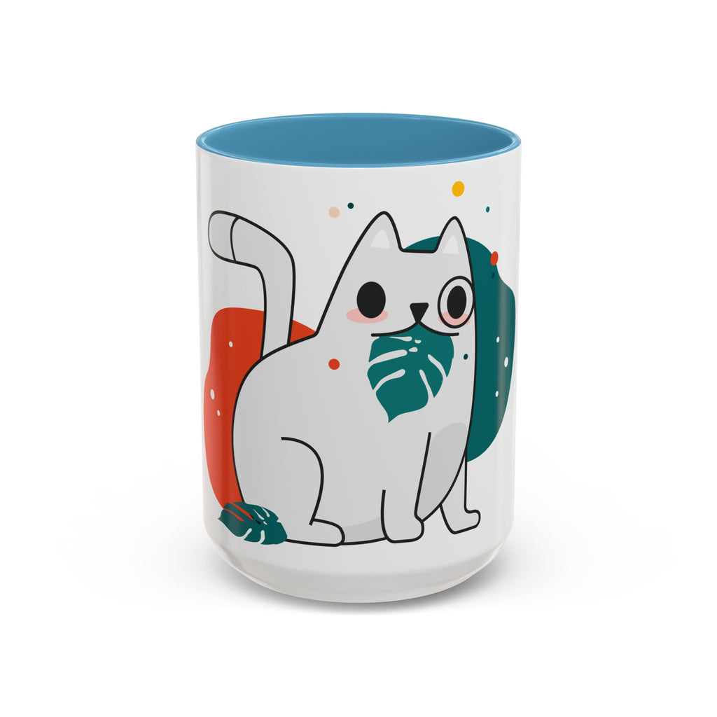 Cute Cat Coffee Mug  Playful White Cat with Tropical Leaf Accent 11oz 15oz