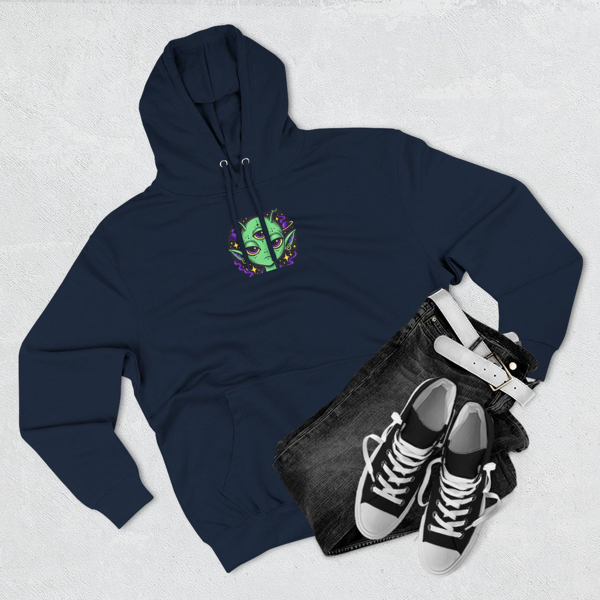 Resting Strange Face Alien hoodie | Three-Eyed Green Alien Illustration