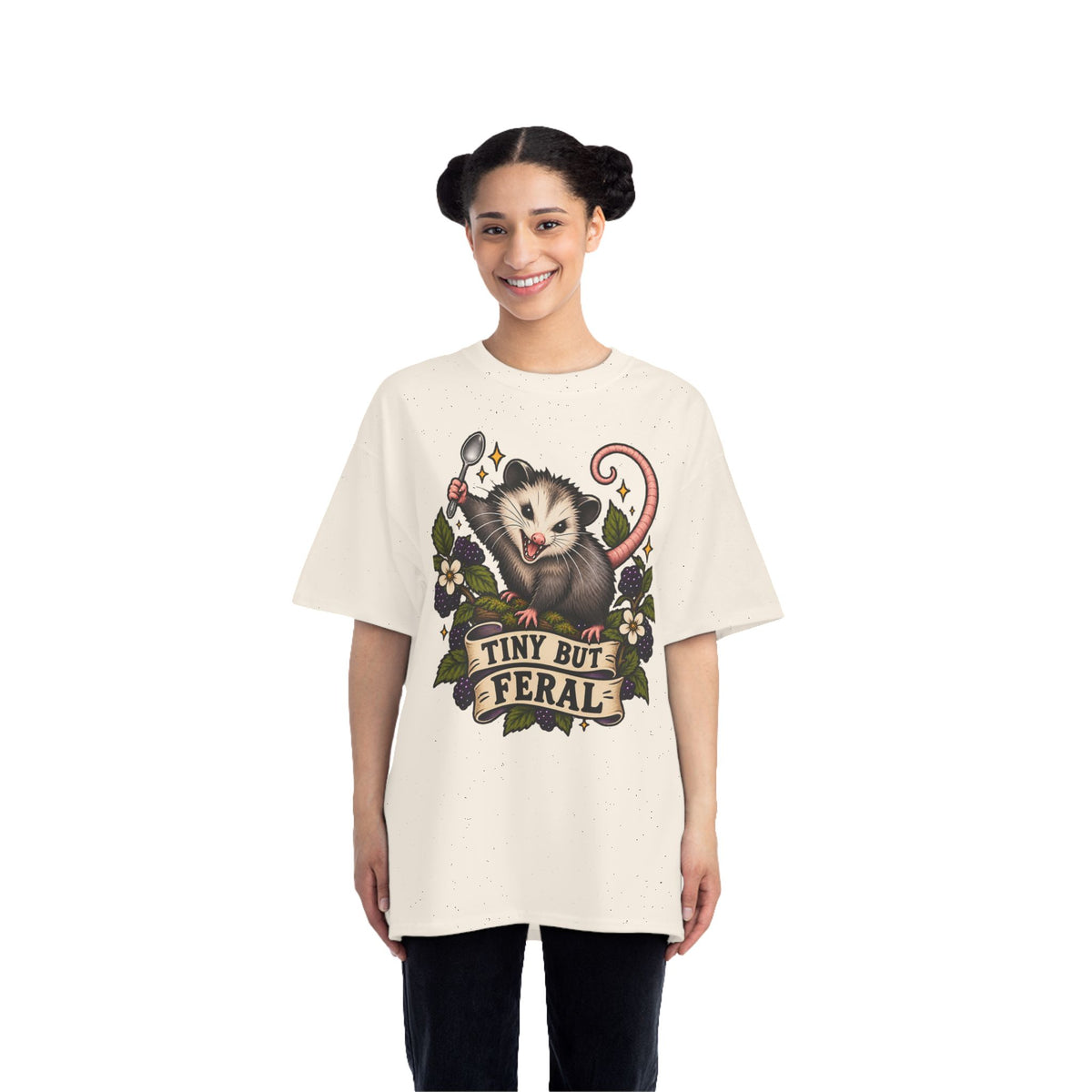 Tiny But Feral opossum illustration T-Shirt | vintage floral banner
