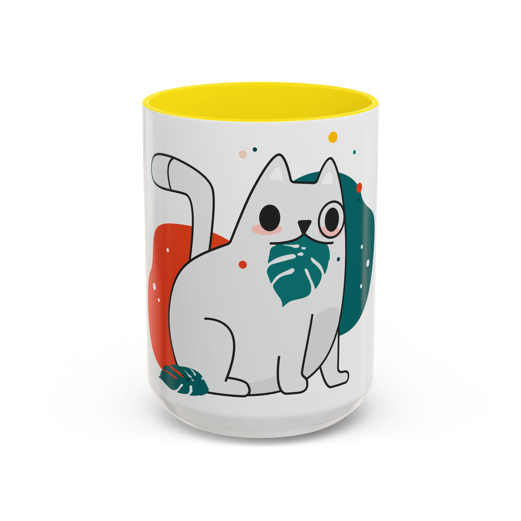 Cute Cat Coffee Mug  Playful White Cat with Tropical Leaf Accent 11oz 15oz