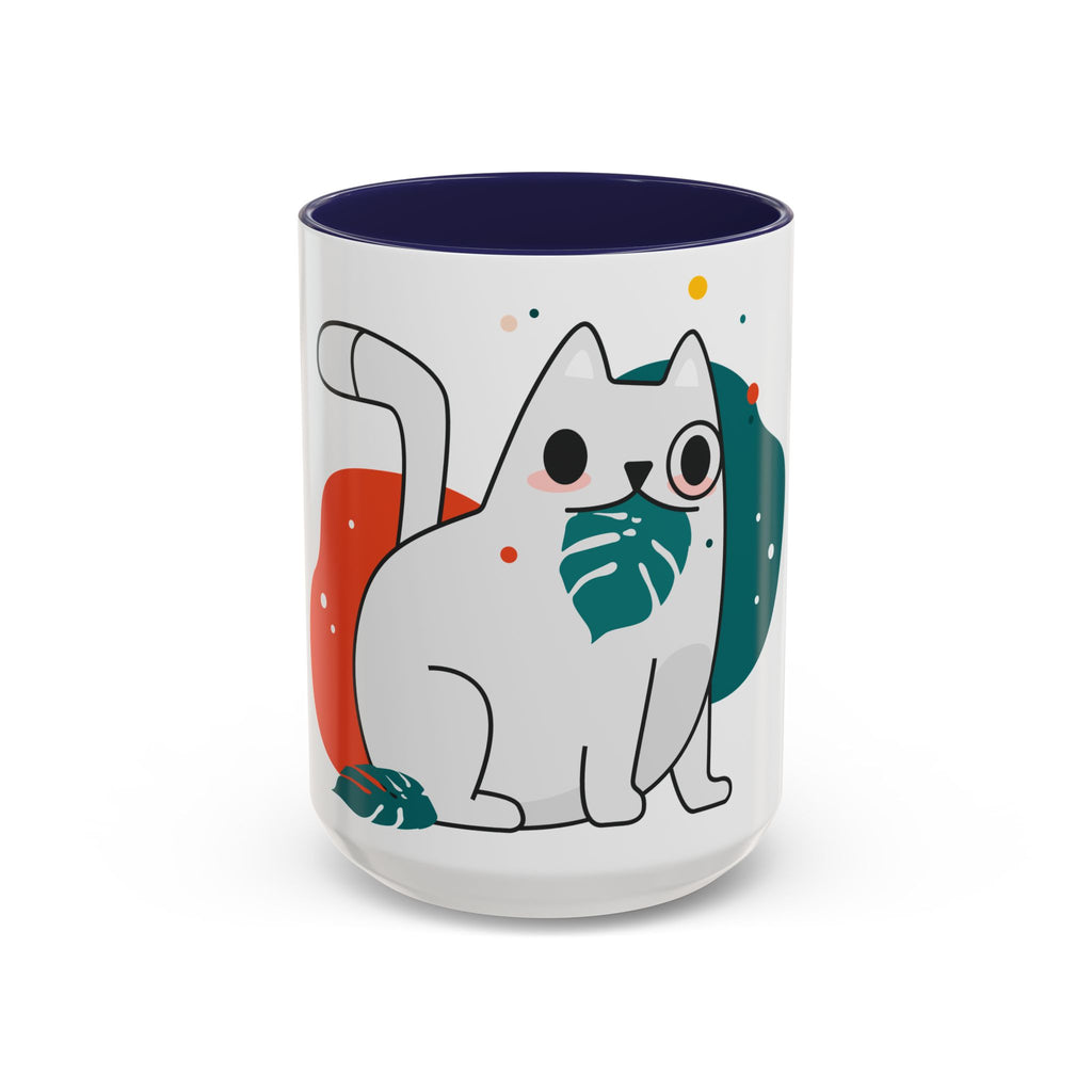 Cute Cat Coffee Mug  Playful White Cat with Tropical Leaf Accent 11oz 15oz
