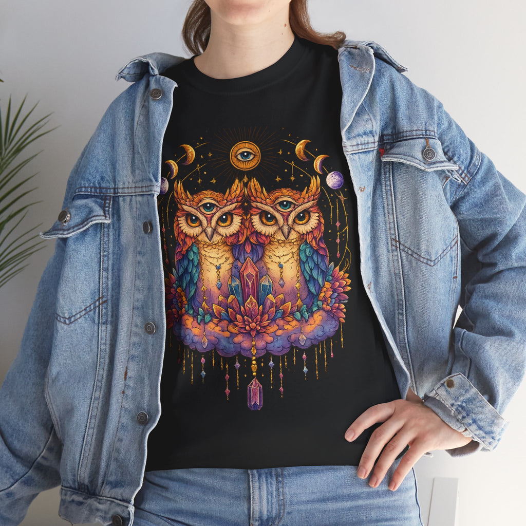 Mystical Triple Owl Illustration Tee Boho Moon Mystical Owl Shirt Boho Owl Graphic Tee Celestial Nature Shirt Spiritual Animal T Shirt