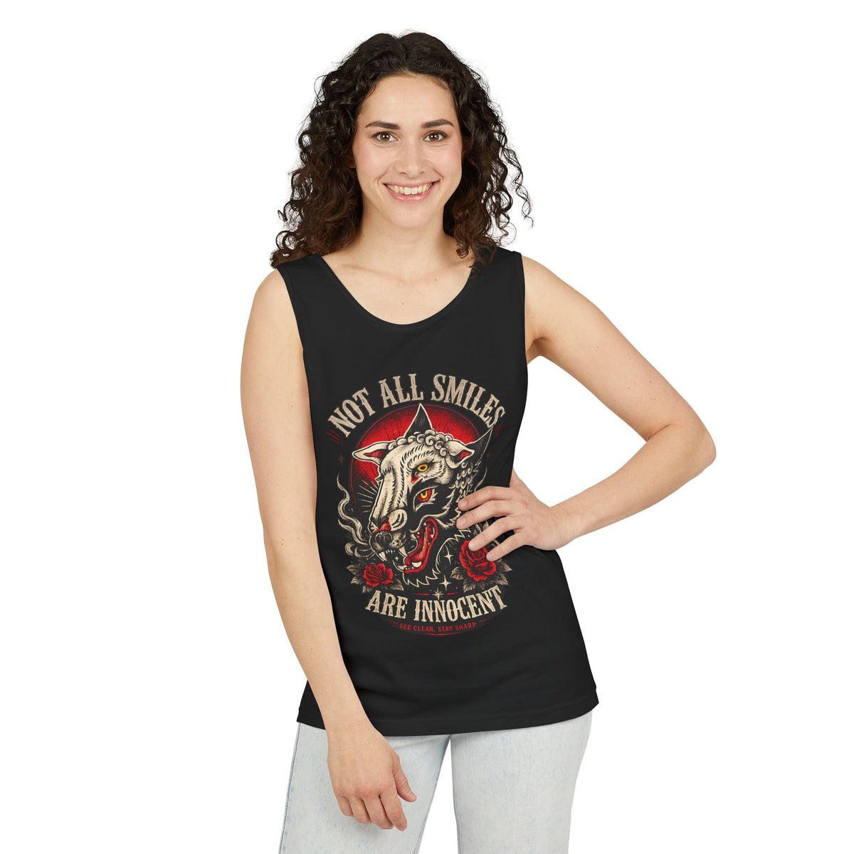 Not All Smiles Are Innocent Tank Top Gothic Wolf Shirt Alternative Streetwear Tattoo Style Muscle Tank Dark Aesthetic Gym Shirt