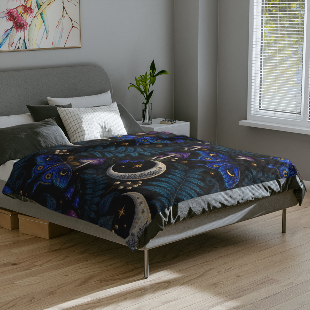 Moon & Blue Moth Pattern Velveteen Microfiber Blanket | Celestial Mushroom Fern Print