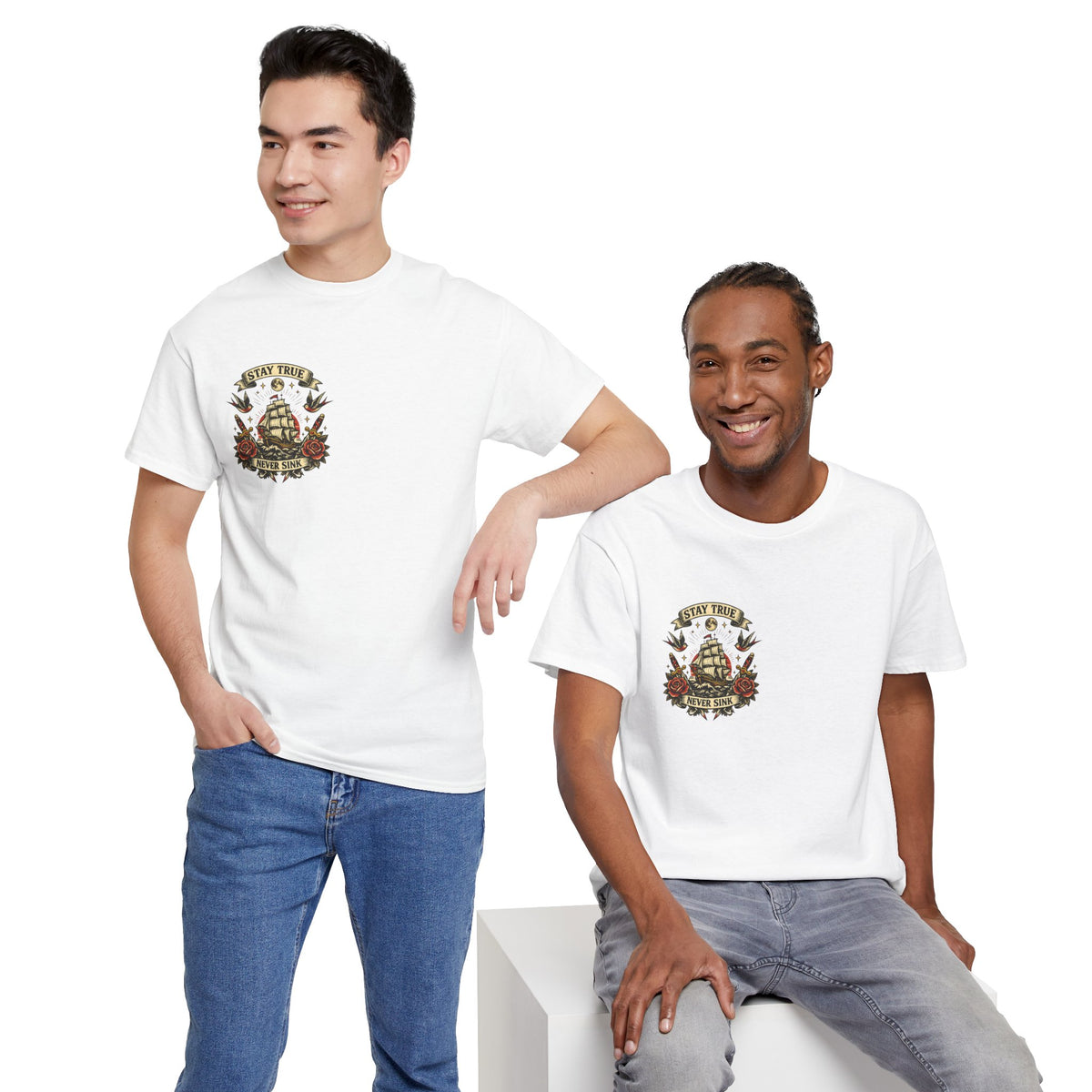 Stay True Never Sink T-Shirt — Vintage Sailboat Tattoo Graphic Tee