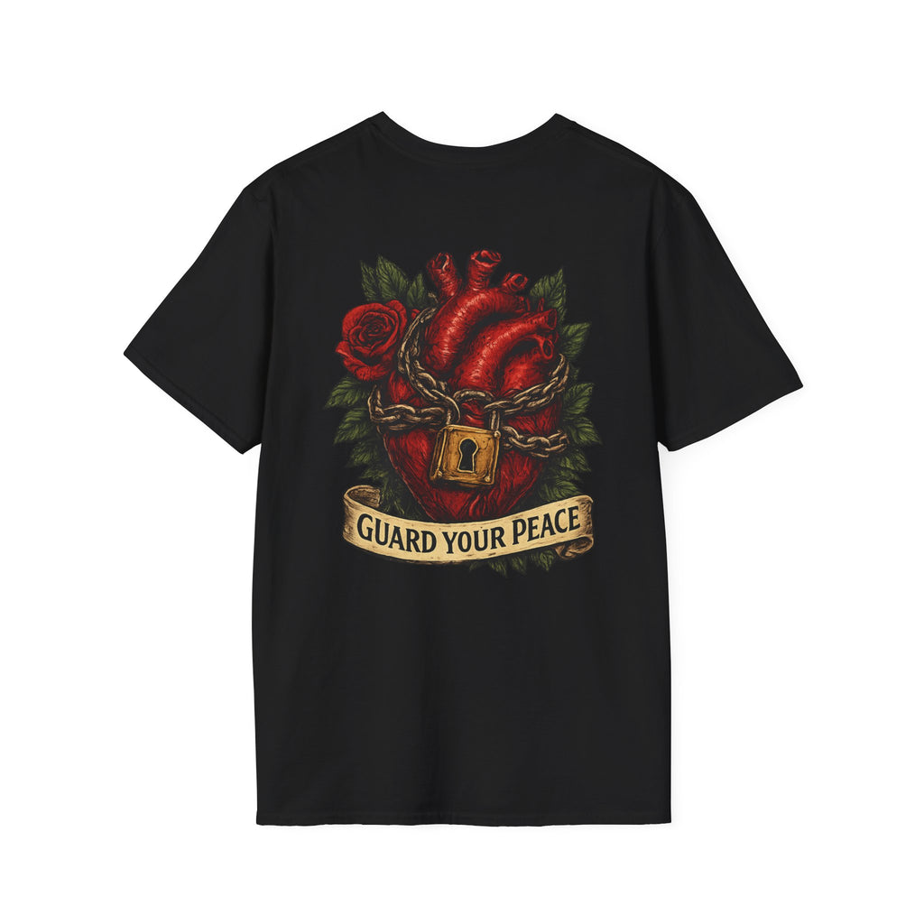 Guard Your Peace Heart graphic T-Shirt | anatomical heart, rose, lock