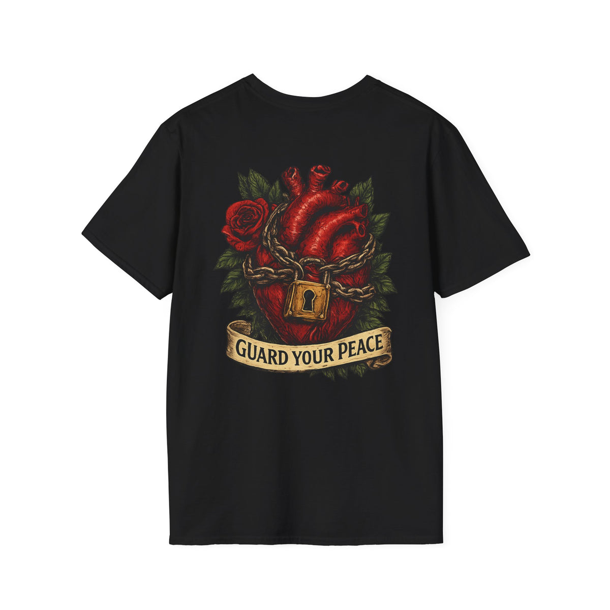 Guard Your Peace Heart graphic T-Shirt | anatomical heart, rose, lock