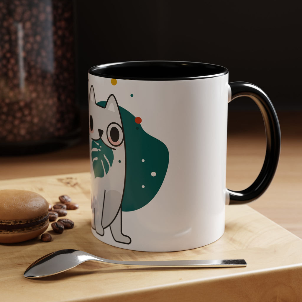 Cute Cat Coffee Mug  Playful White Cat with Tropical Leaf Accent 11oz 15oz