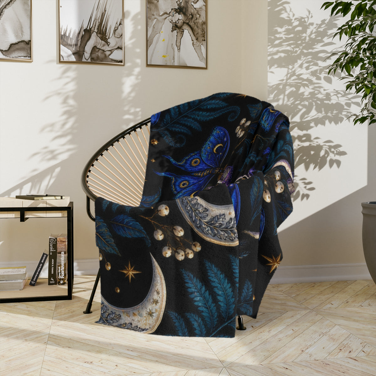 Moon & Blue Moth Pattern Velveteen Microfiber Blanket | Celestial Mushroom Fern Print