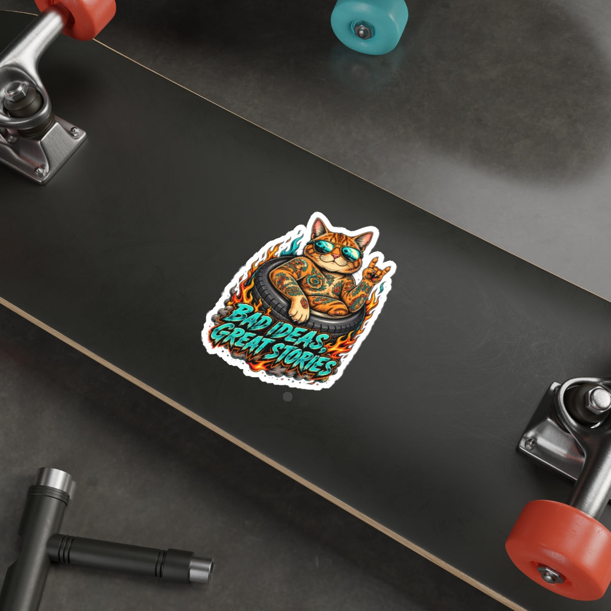 Tattooed Cat in Tire Die-Cut Sticker | 'Bad Ideas, Great Stories'