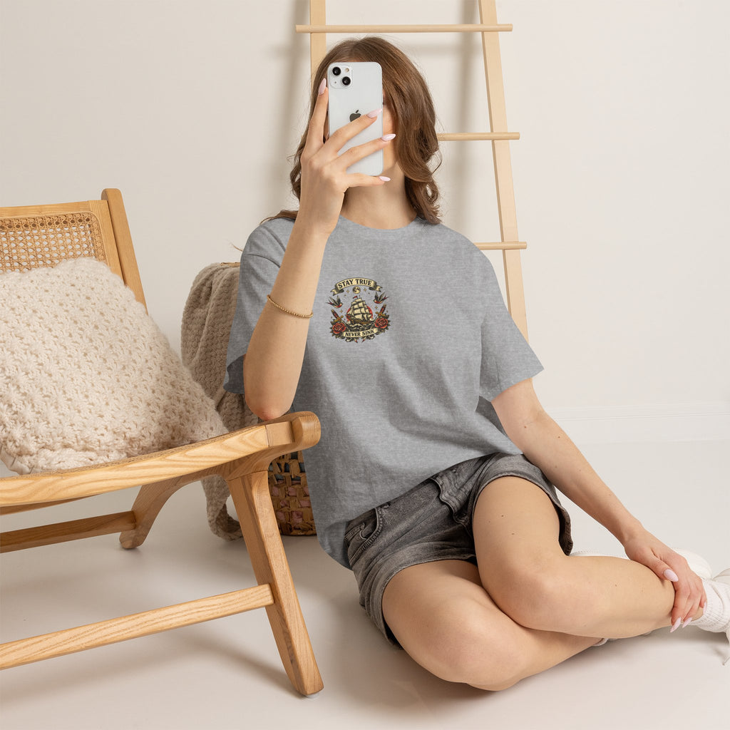 Stay True Never Sink T-Shirt — Vintage Sailboat Tattoo Graphic Tee
