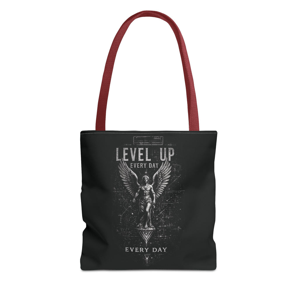 Level Up Every Day Angel Statue Tote Bag — Motivational Graphic Tote for Gamers & Fitness Fans