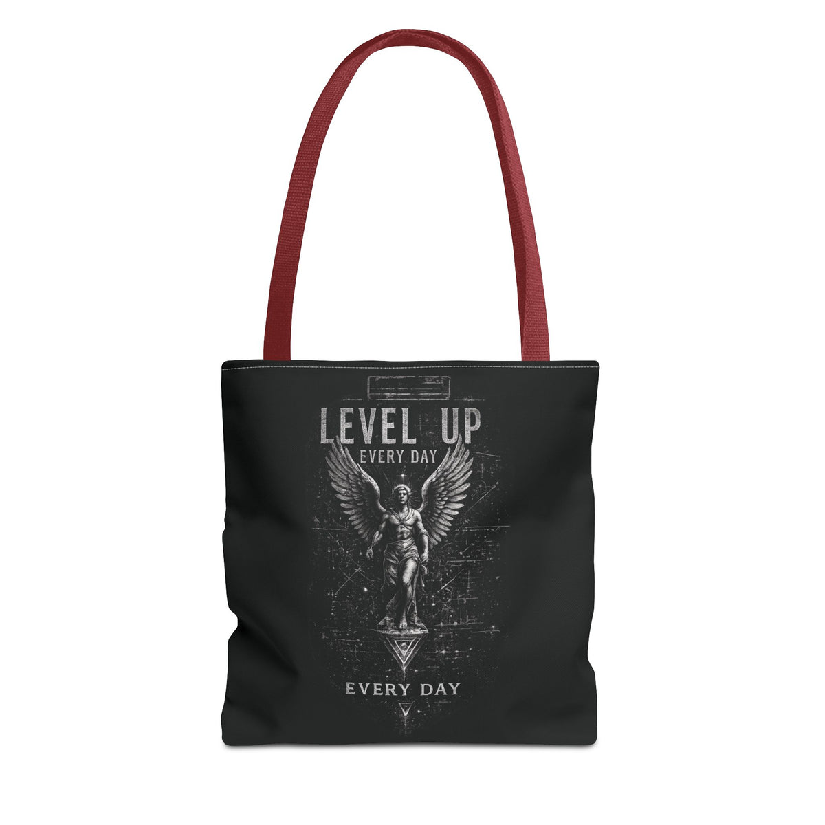 Level Up Every Day Angel Statue Tote Bag — Motivational Graphic Tote for Gamers & Fitness Fans