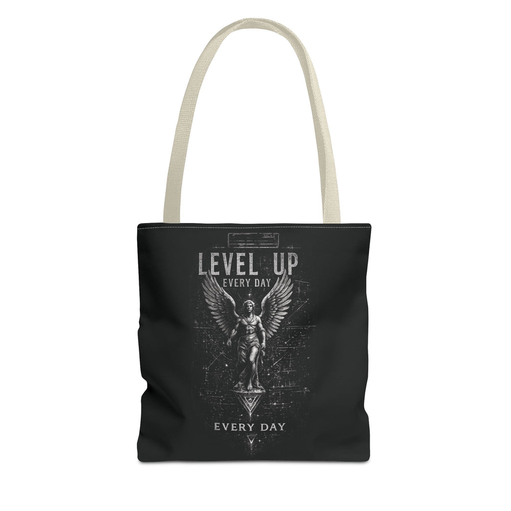 Level Up Every Day Angel Statue Tote Bag — Motivational Graphic Tote for Gamers & Fitness Fans