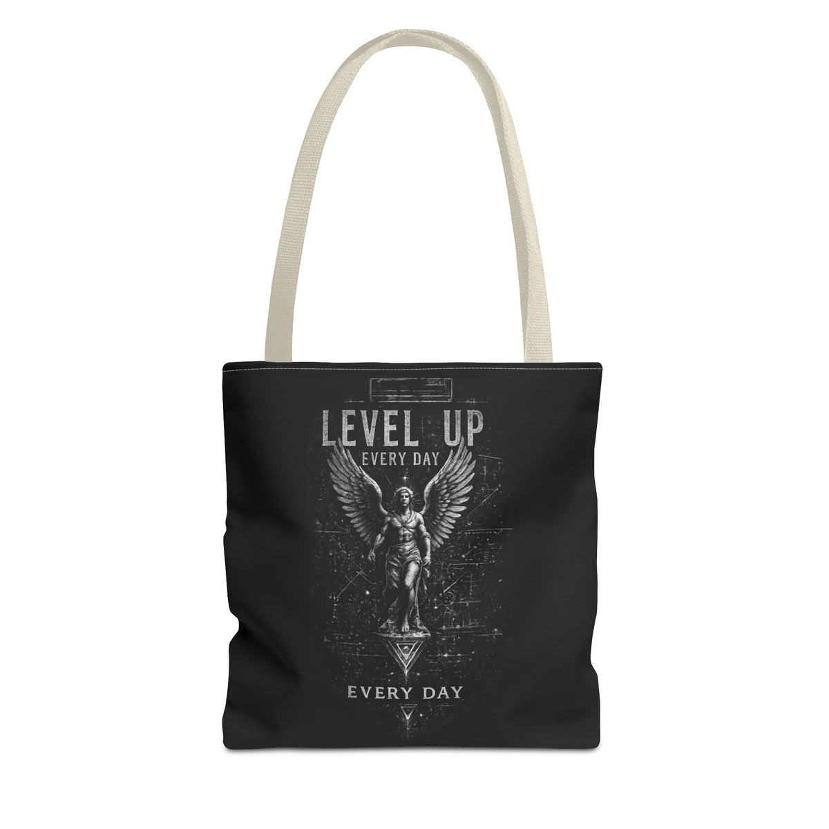 Level Up Every Day Angel Statue Tote Bag — Motivational Graphic Tote for Gamers & Fitness Fans