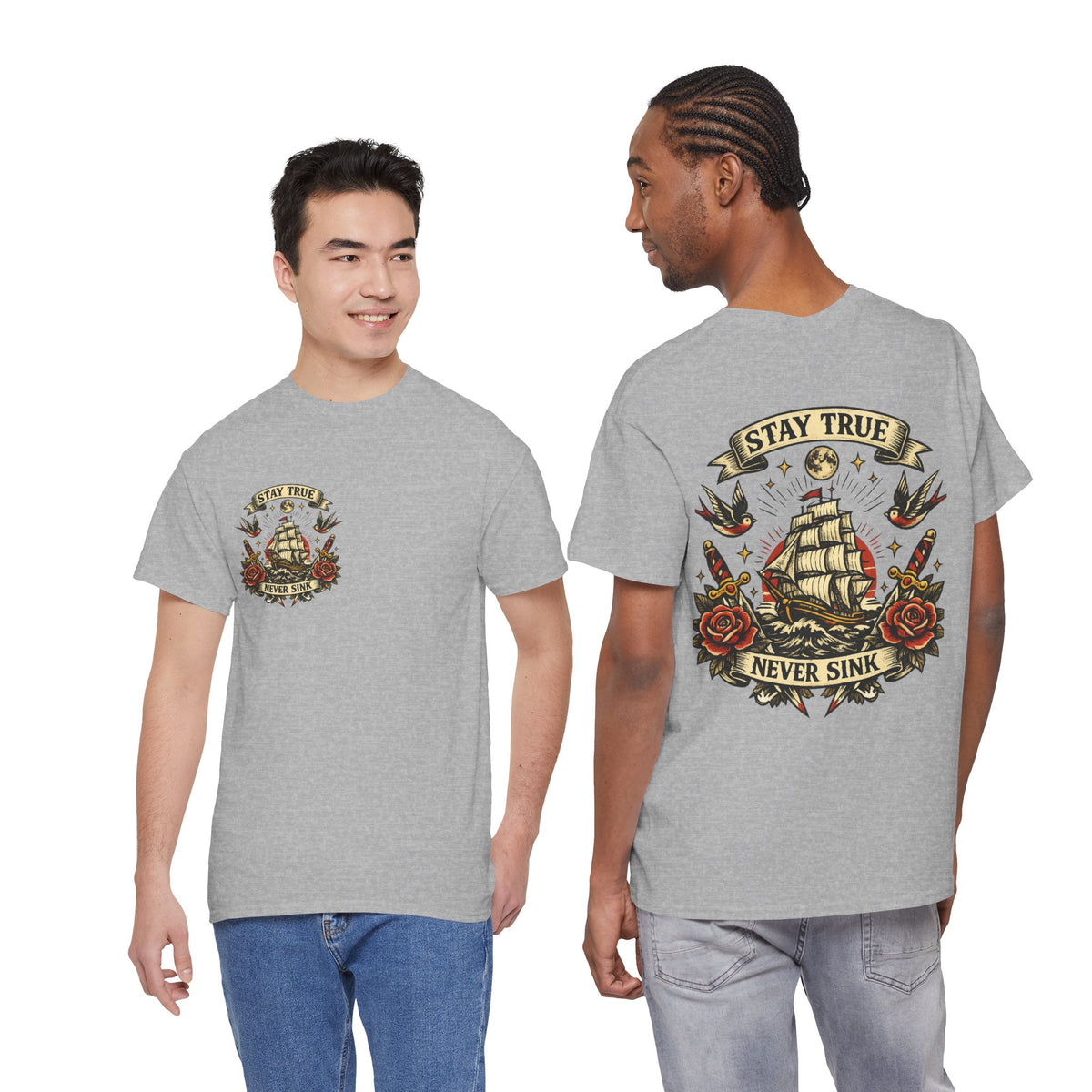 Stay True Never Sink T-Shirt — Vintage Sailboat Tattoo Graphic Tee