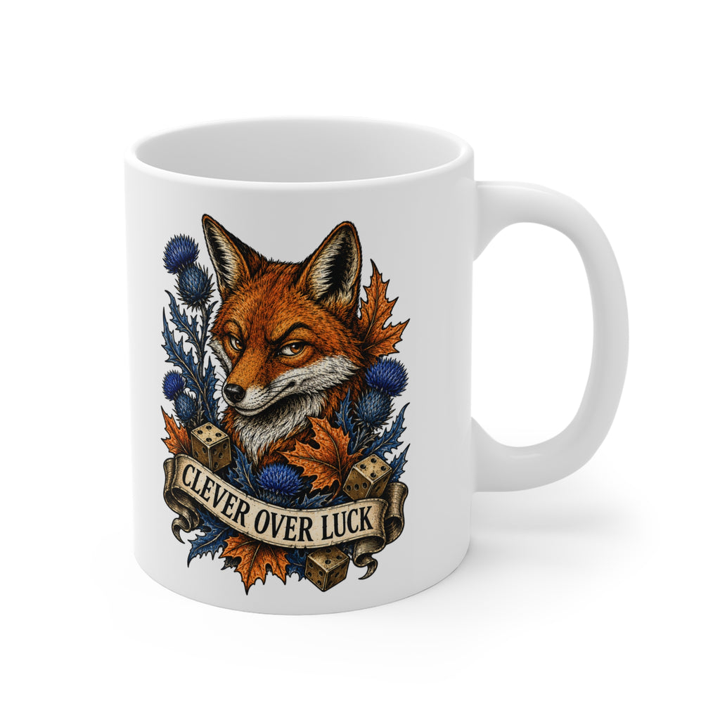 Clever Over Luck fox illustration Mug | Autumn leaves, thistle, woodcock