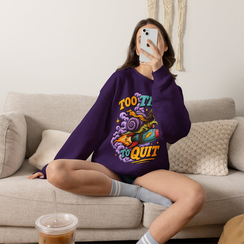 Too Tired to Quit Sweatshirt | Rocket Sloth Illustration, Motivational Retro