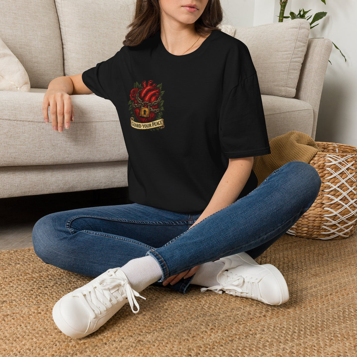 Guard Your Peace Heart graphic T-Shirt | anatomical heart, rose, lock