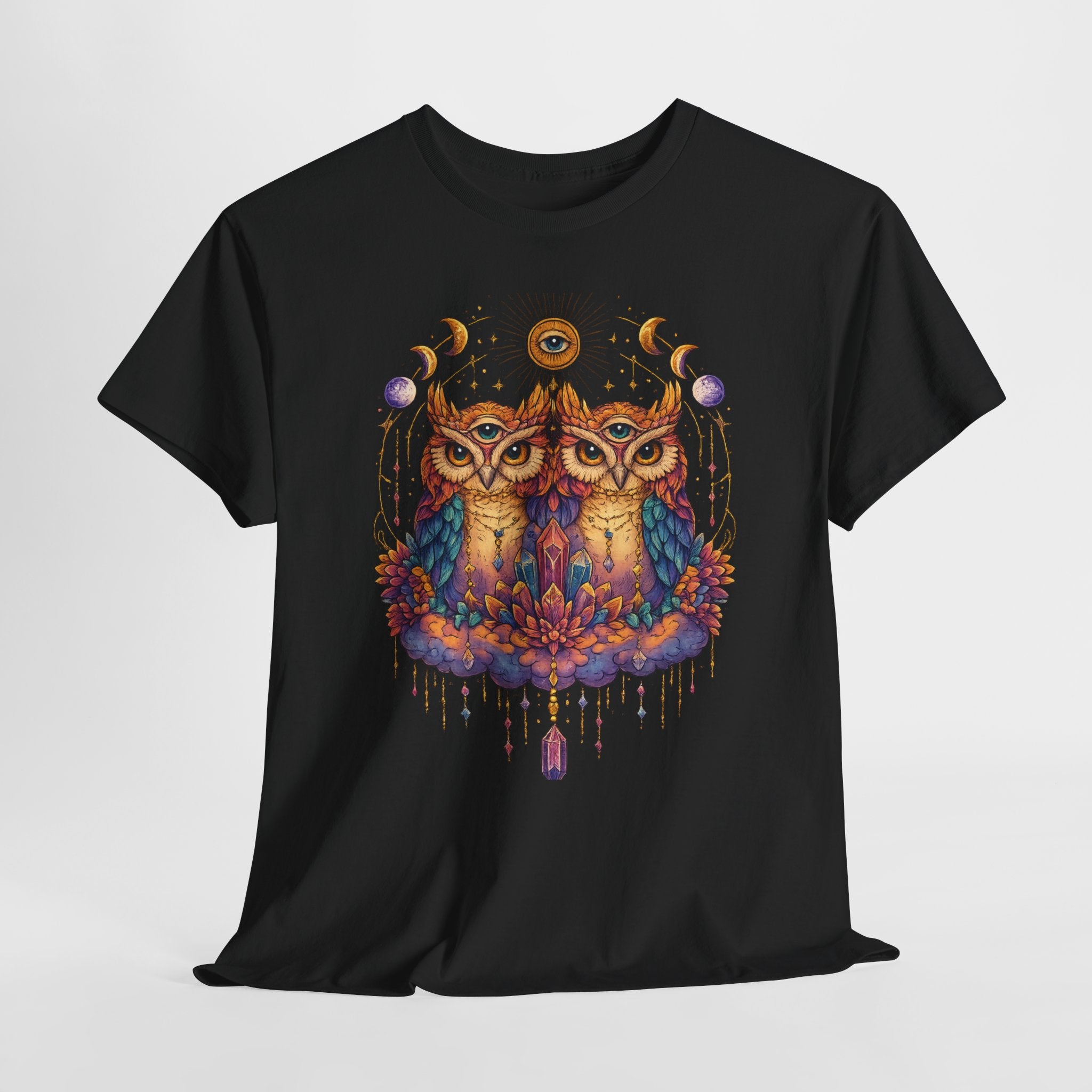 Mystical Triple Owl Illustration Tee Boho Moon Mystical Owl Shirt Boho Owl Graphic Tee Celestial Nature Shirt Spiritual Animal T Shirt