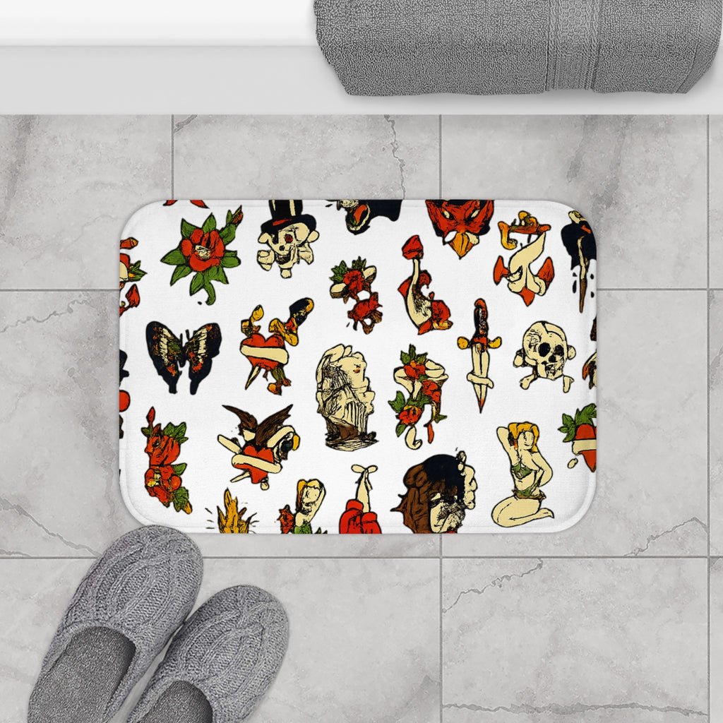 Traditional Tattoo Flash Bath Mat Retro Sailor Skull Rose Dagger Pattern