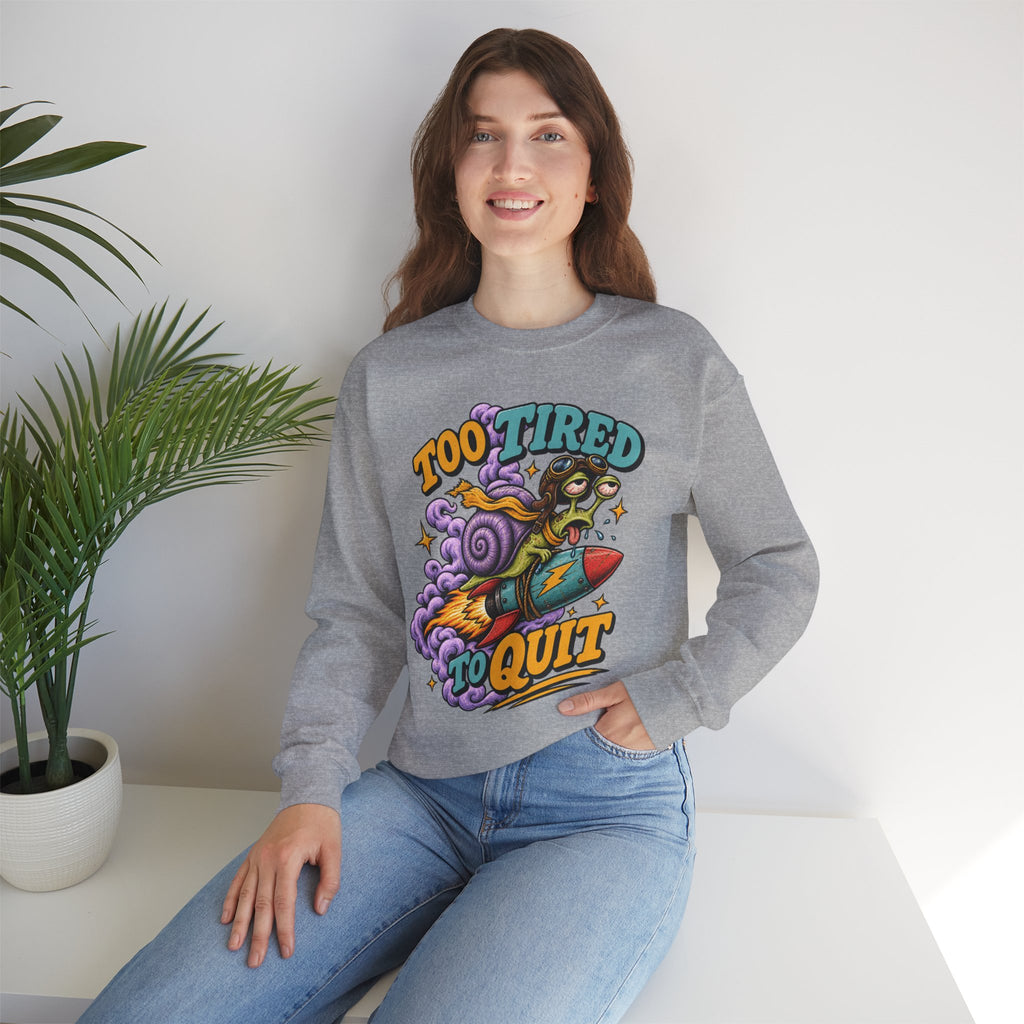 Too Tired to Quit Sweatshirt | Rocket Sloth Illustration, Motivational Retro