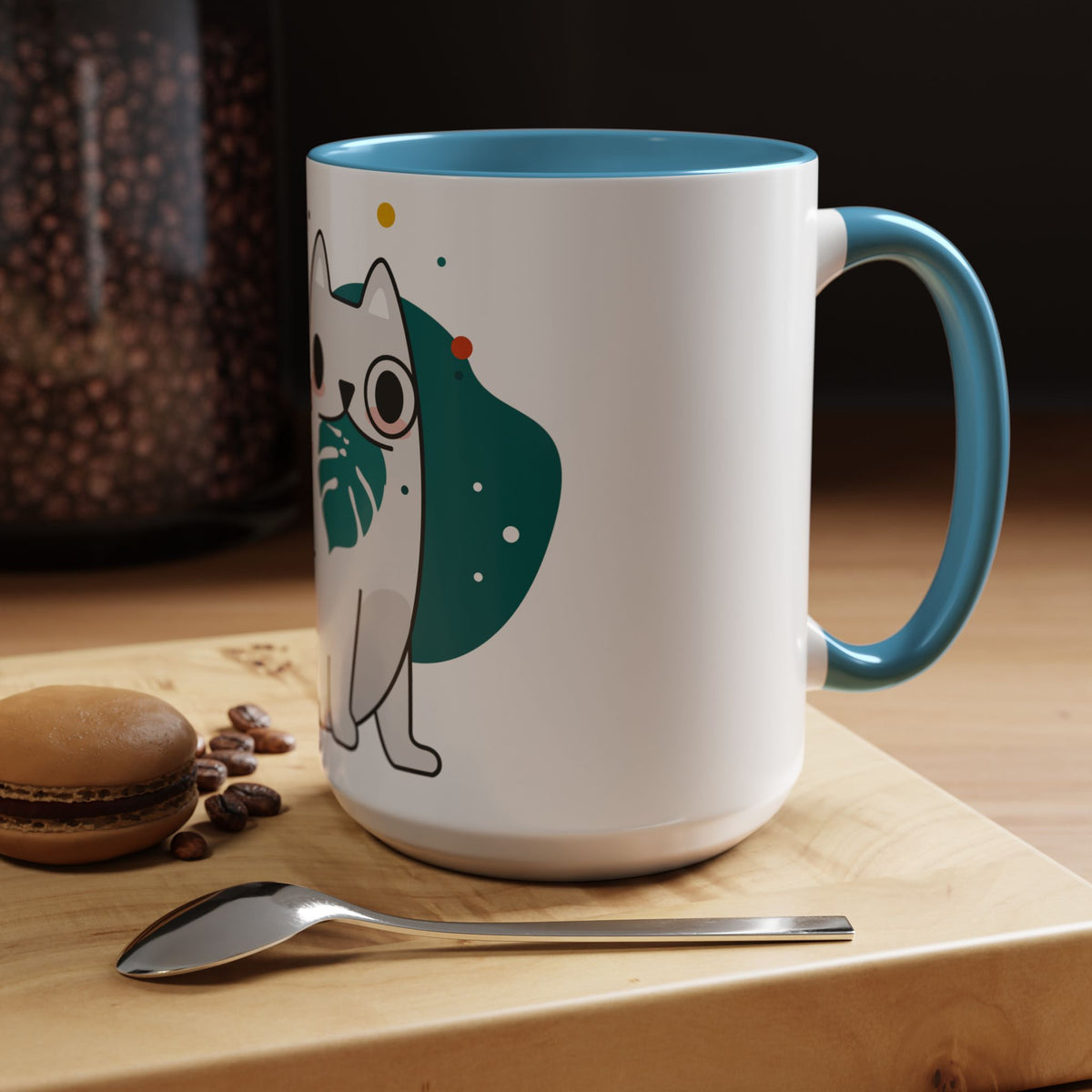 Cute Cat Coffee Mug  Playful White Cat with Tropical Leaf Accent 11oz 15oz