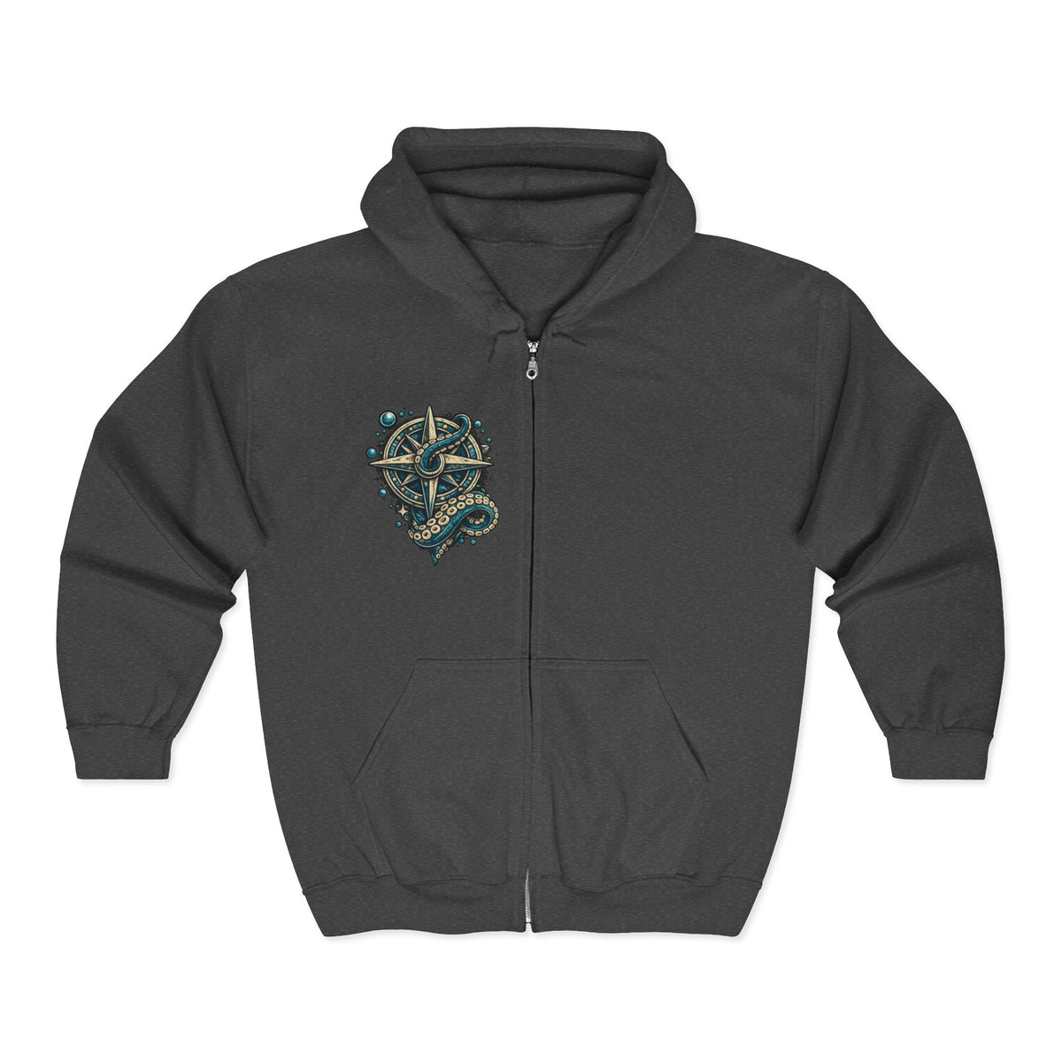 Nautical Compass & Octopus Zip Hoodie — Steampunk Sea Skull Design