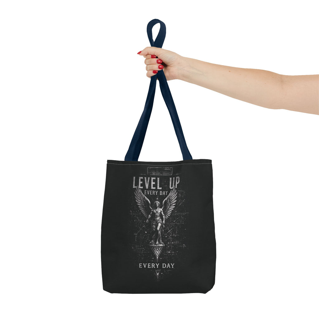 Level Up Every Day Angel Statue Tote Bag — Motivational Graphic Tote for Gamers & Fitness Fans