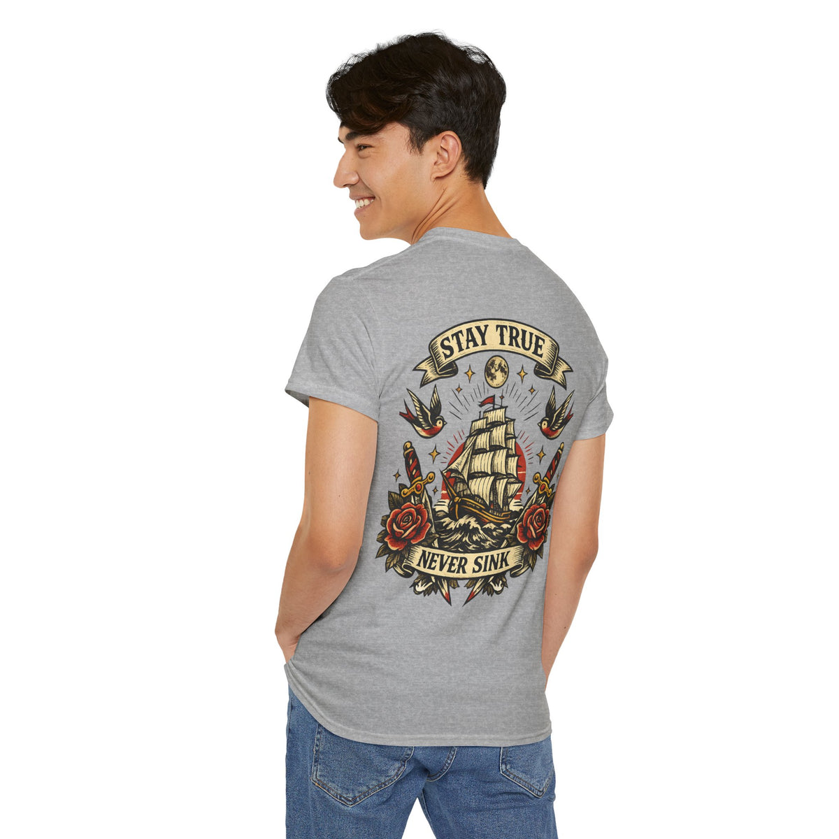 Stay True Never Sink T-Shirt — Vintage Sailboat Tattoo Graphic Tee