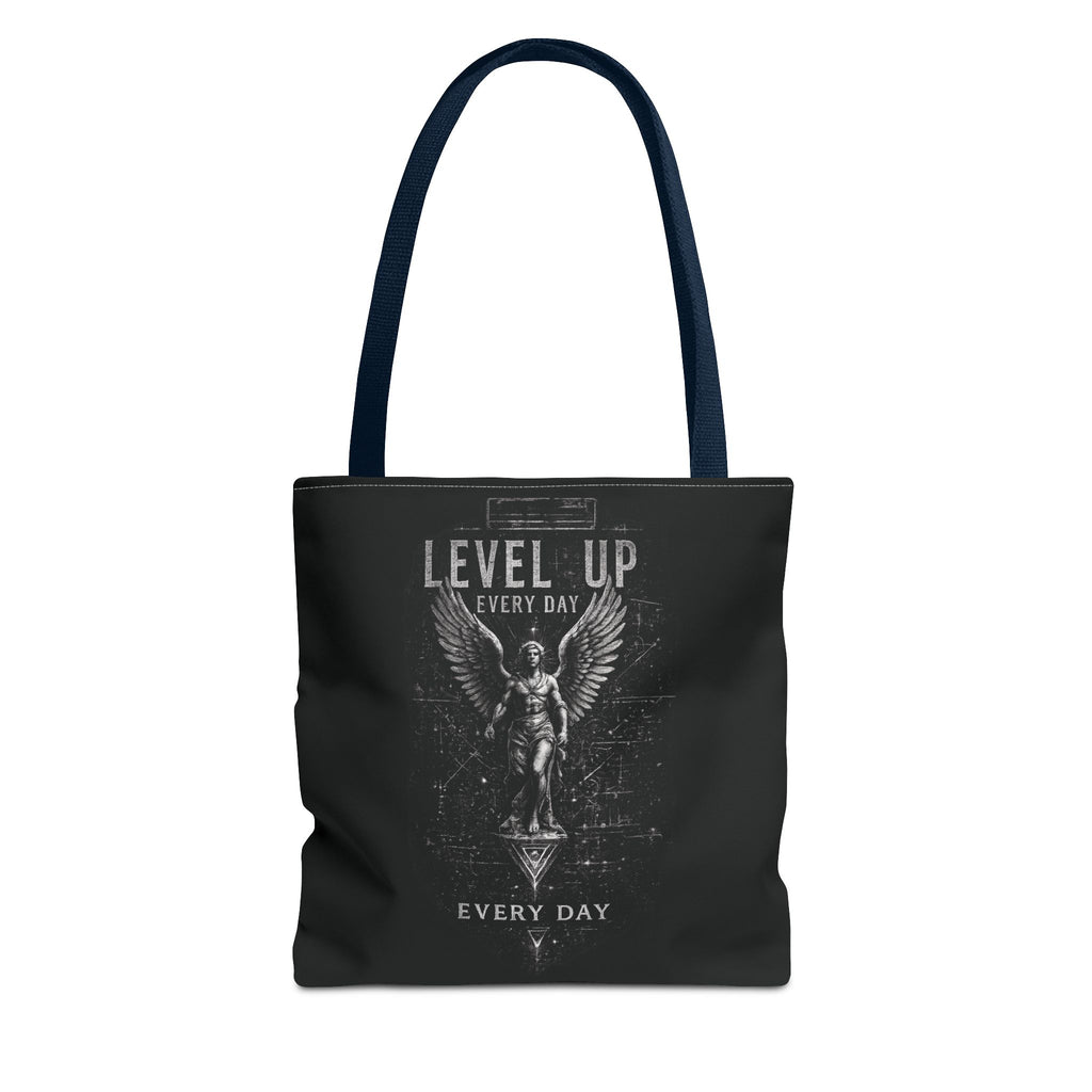 Level Up Every Day Angel Statue Tote Bag — Motivational Graphic Tote for Gamers & Fitness Fans