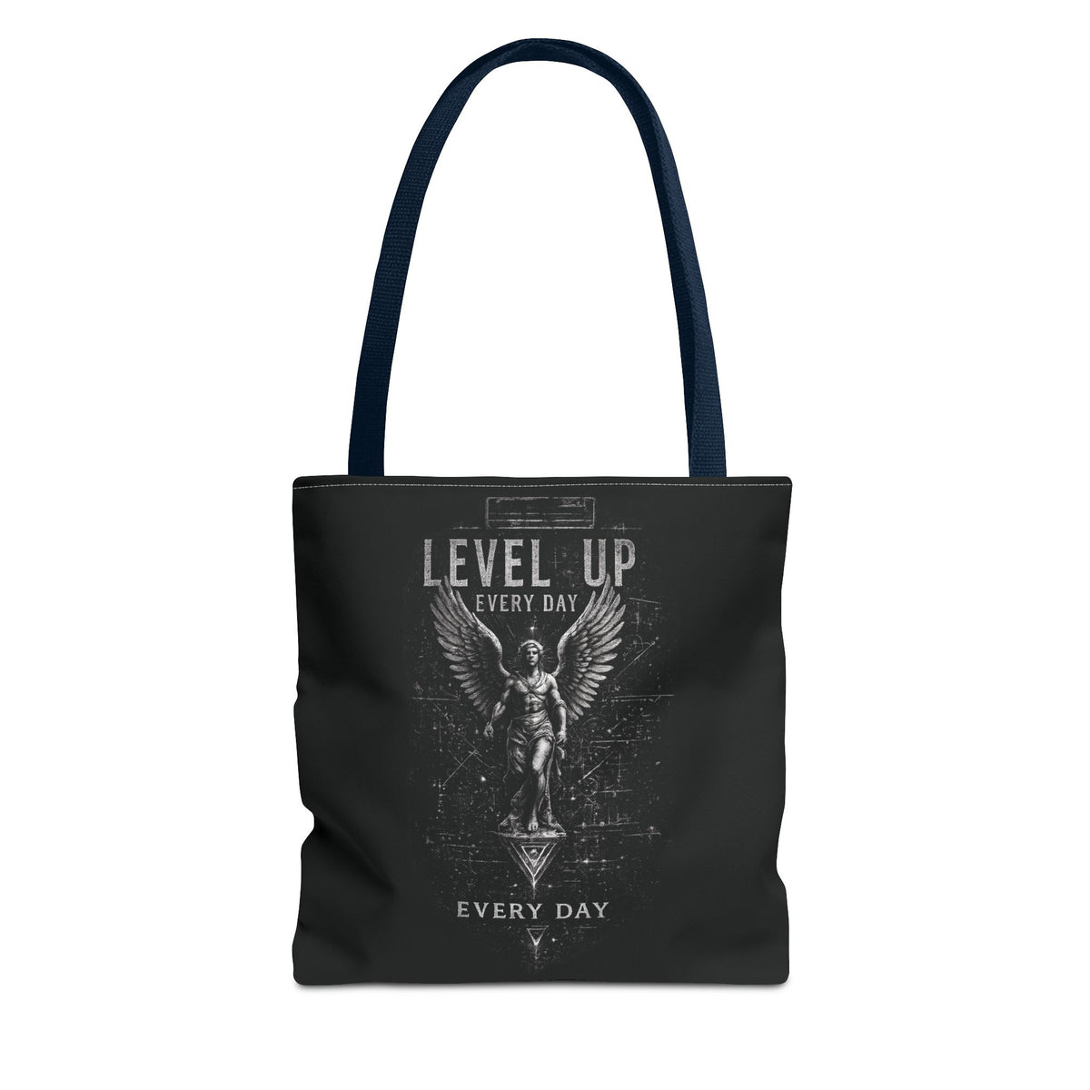 Level Up Every Day Angel Statue Tote Bag — Motivational Graphic Tote for Gamers & Fitness Fans
