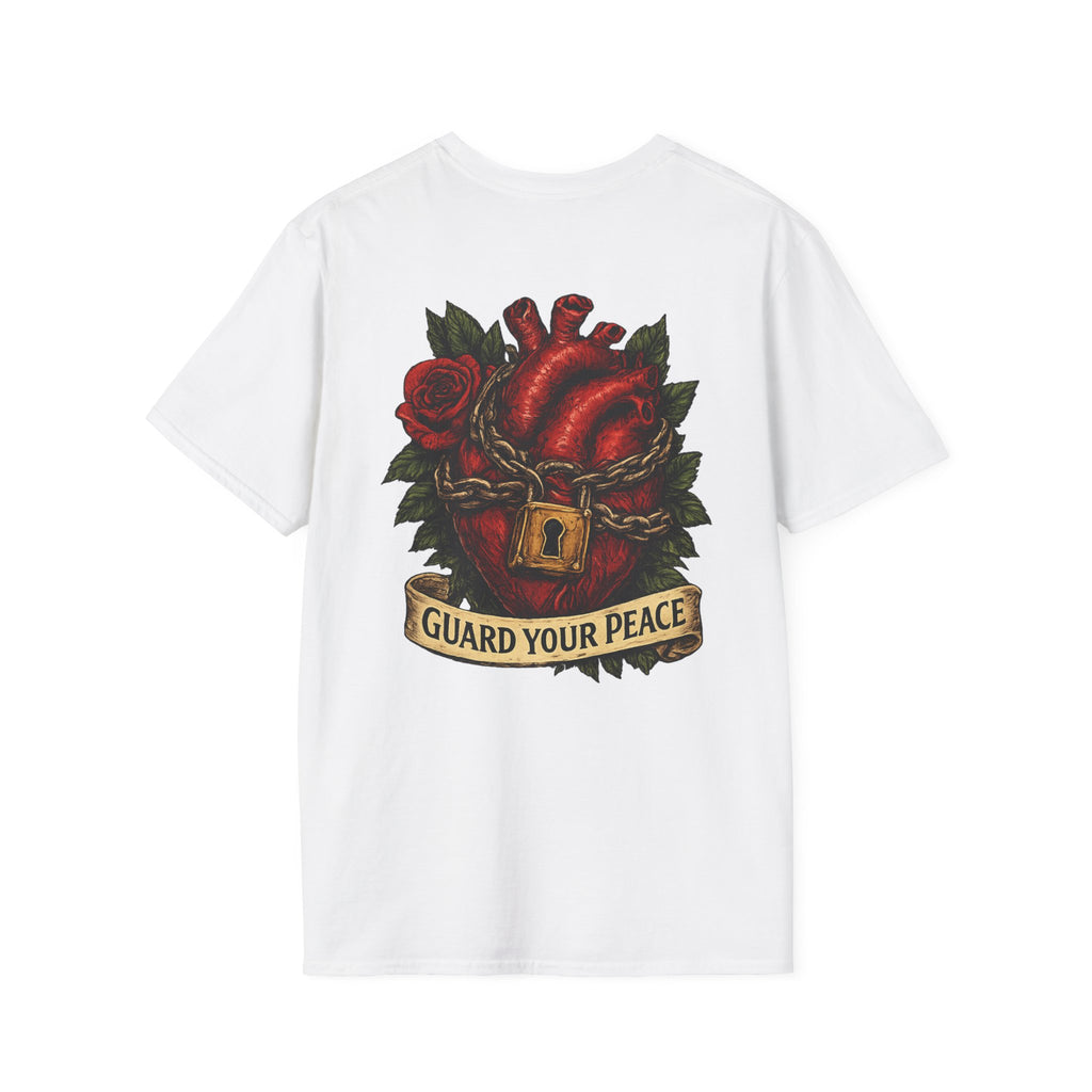 Guard Your Peace Heart graphic T-Shirt | anatomical heart, rose, lock