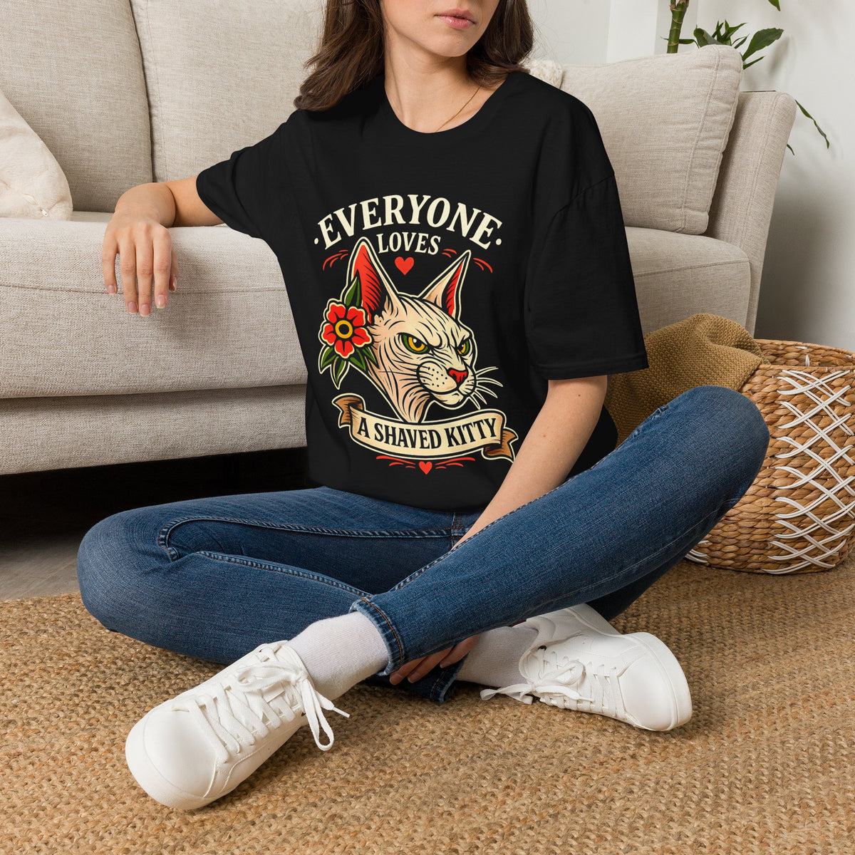 Everyone Loves A Shaved Kitty Shirt Funny Cat Lover T Shirt Retro Tattoo Style Tee Sphynx Cat Shirt Funny Graphic Tee Unisex Black Shirt