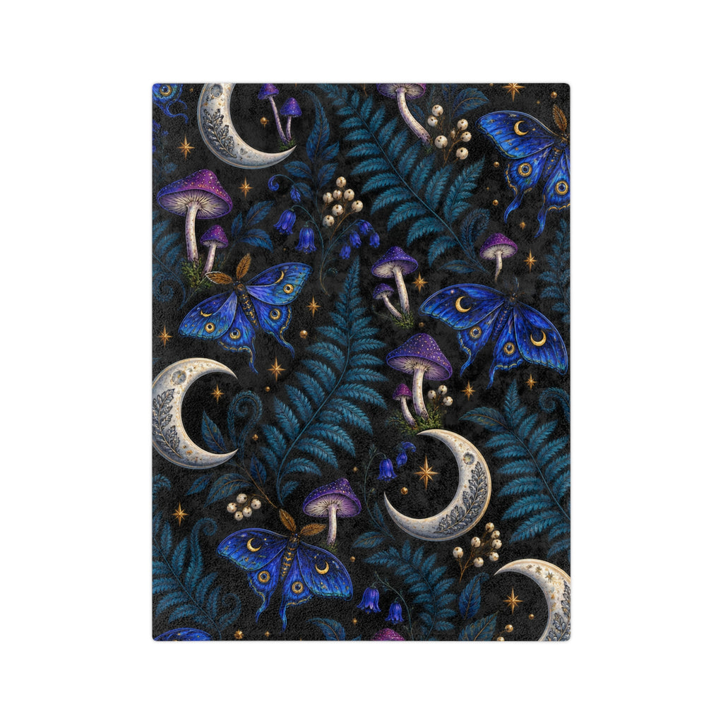 Moon & Blue Moth Pattern Velveteen Microfiber Blanket | Celestial Mushroom Fern Print
