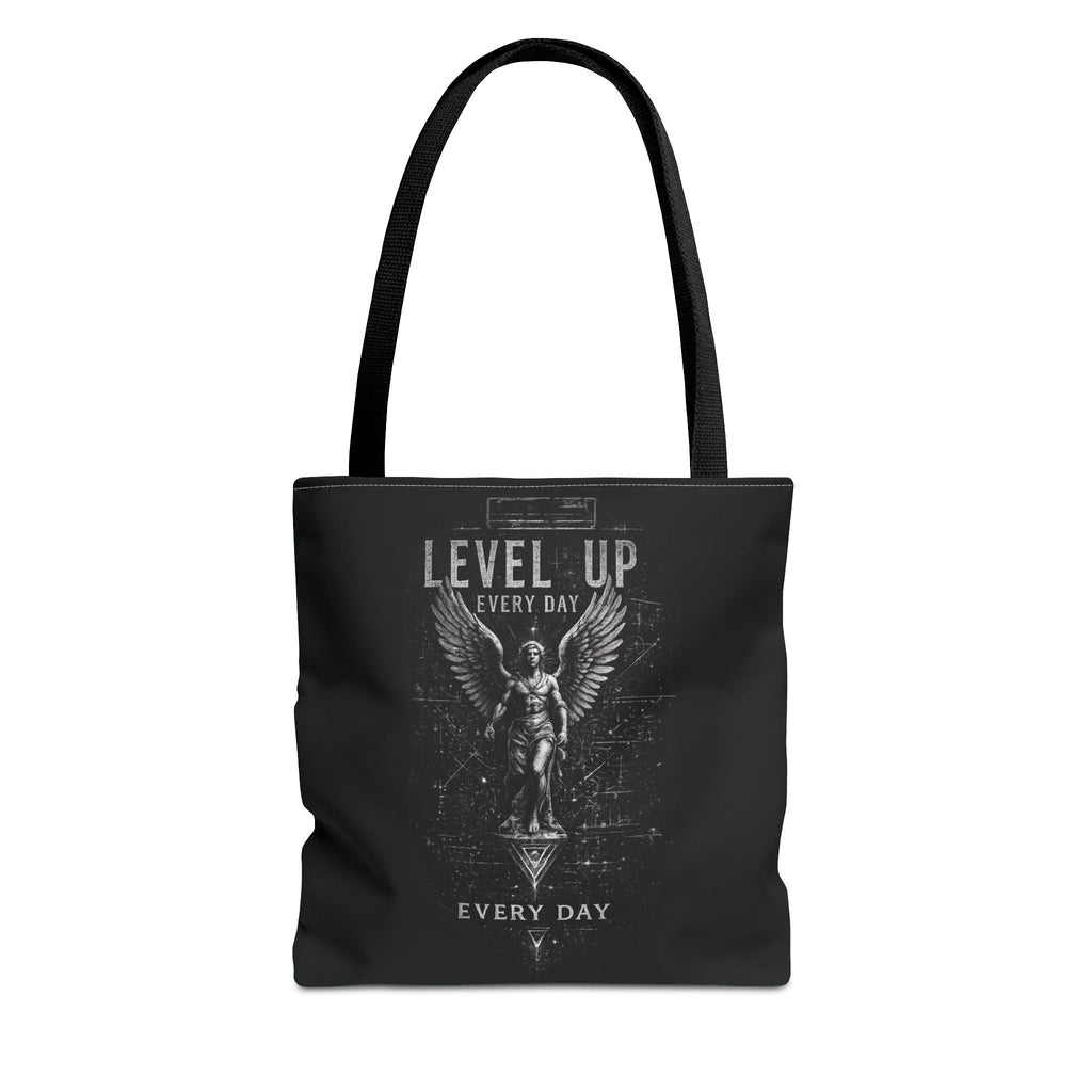 Level Up Every Day Angel Statue Tote Bag — Motivational Graphic Tote for Gamers & Fitness Fans