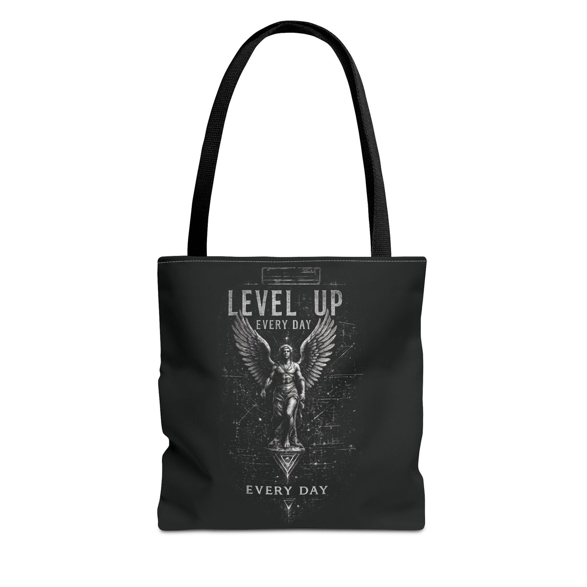 Level Up Every Day Angel Statue Tote Bag — Motivational Graphic Tote for Gamers & Fitness Fans